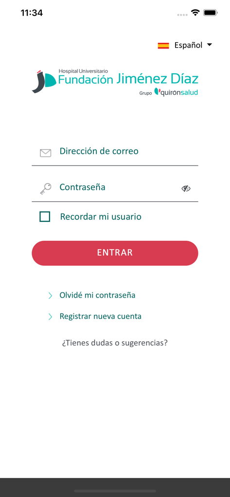 Fundación Jimenez Díaz - Login page of the Fundacion Jimenez Diaz patient portal app showing fields for email and password.