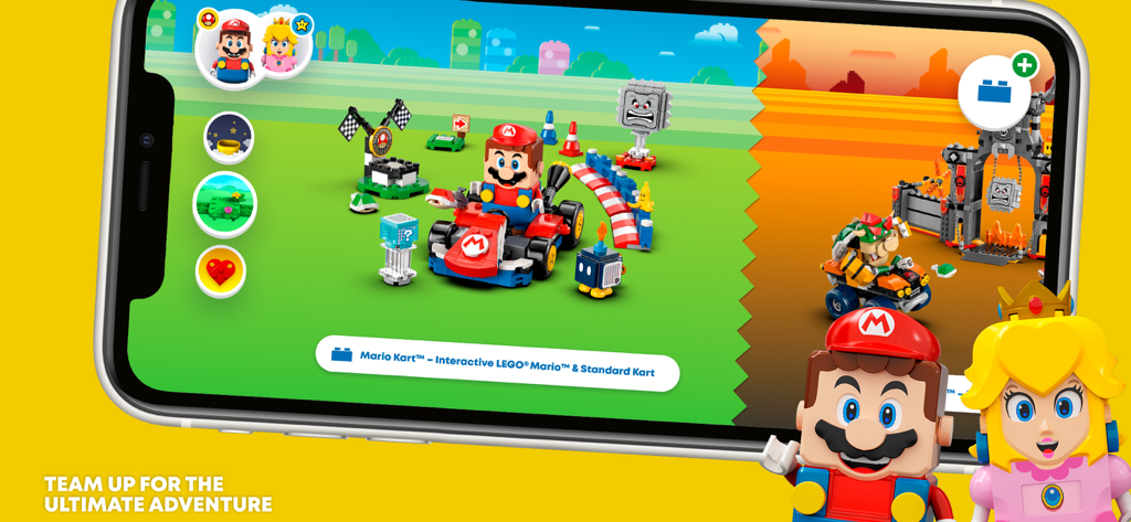 Lego Super Mario app interface showing Mario Kart interactive building sets