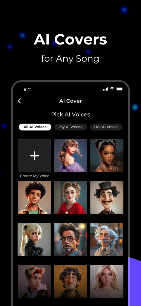 Lamucal app interface for selecting AI voices to create song covers