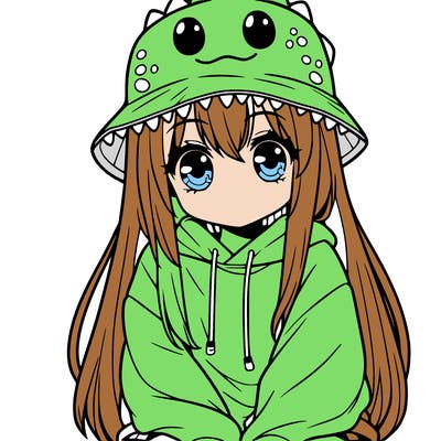 girl with anime shaped eyes with a dinosaur bucket hat oversized sweatshirt long straight hair
