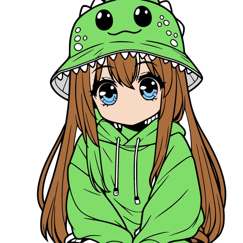 girl with anime shaped eyes with a dinosaur bucket hat oversized sweatshirt long straight hair