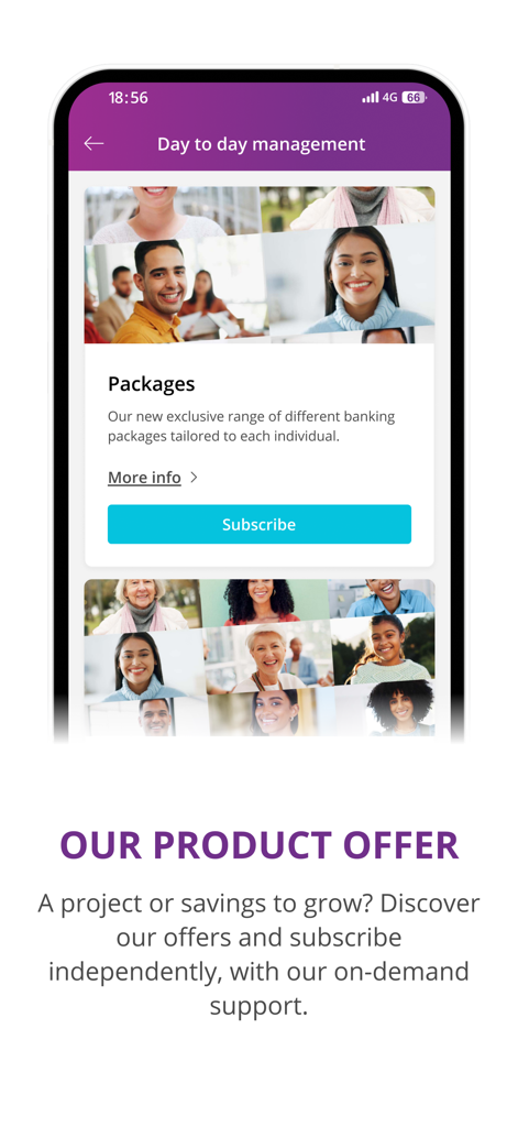 Pantalla de paquetes bancarios de la aplicación móvil BILnet que muestra ofertas de productos