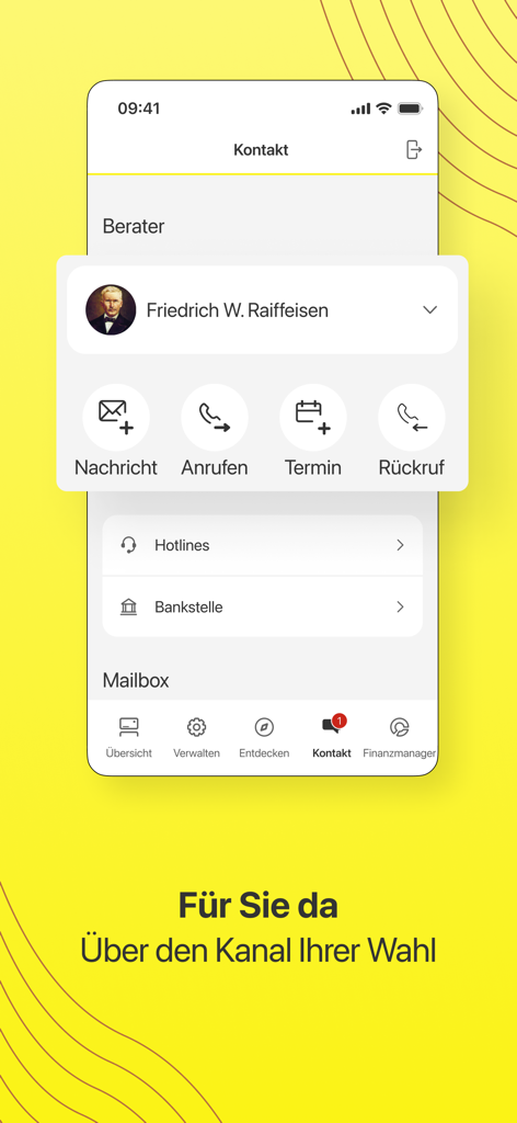 Mein ELBA-App - Mein ELBA banking app contact screen showing options to message or call a personal bank advisor