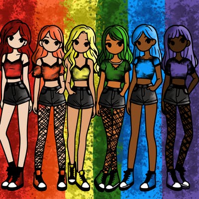 a group of girls wearing crop tops and shorts