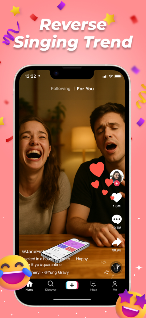 Reverse Audio: Play Singing - A smartphone displaying a social media video of a couple laughing and singing for a reverse audio challenge trend.