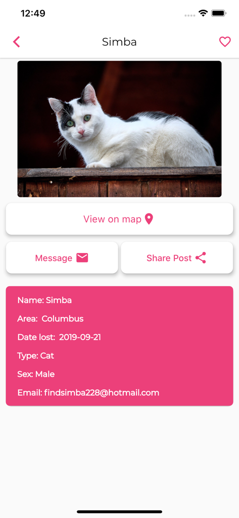 Missing Pets app profile for a lost white and black cat named Simba in Columbus with contact details and map view option.