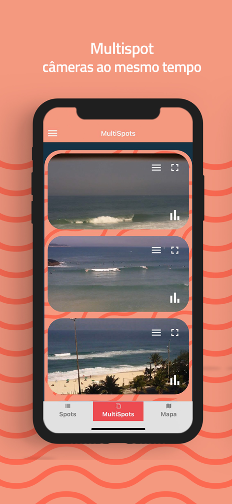 iPhone screen displaying multiple live beach cameras in the SurfConnect app