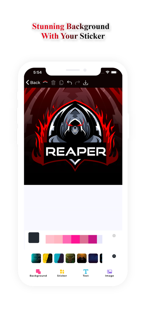 Logo Esport Maker For Gaming - Mobile app interface for designing an esport logo with a reaper mascot and customizable backgrounds