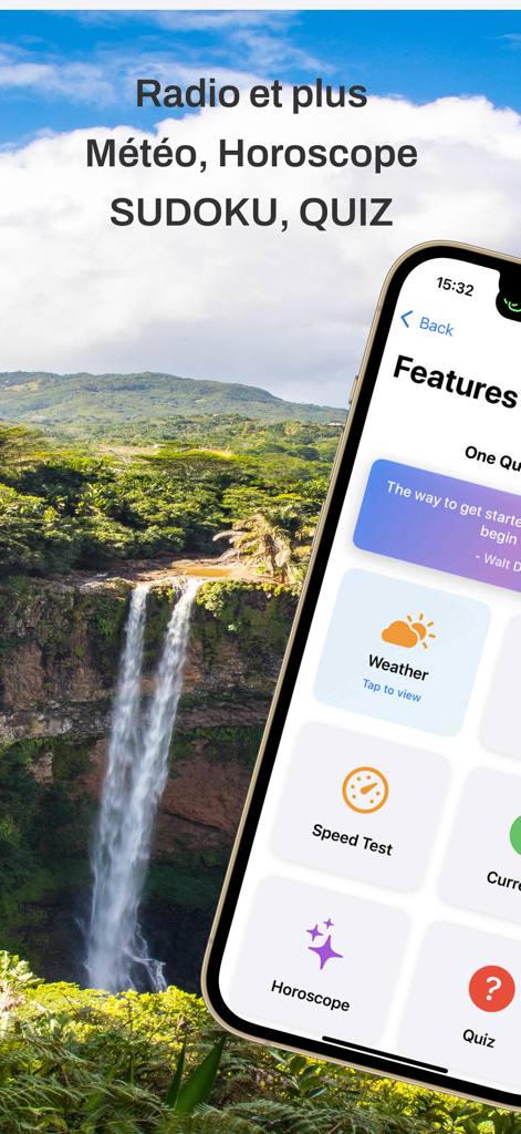 Radio Moris - Mauritius live - Radio Moris app interface showing weather horoscope and quiz features over a tropical waterfall background