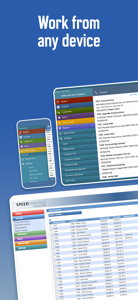 Aplicación SpeedInvoice mostrada en la pantalla de un smartphone, tableta y computadora.