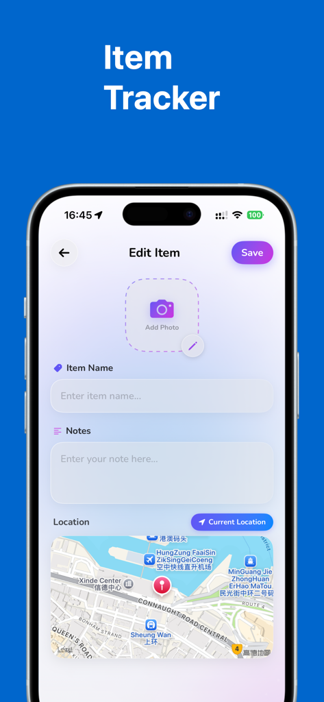 Device Finder Bluetooth Track - Pantalla de smartphone mostrando la función de rastreo de objetos con mapa y detalles de edición del objeto