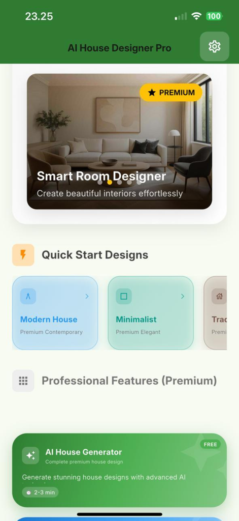 AI House Designer Pro - Dashboard of the AI House Designer Pro app featuring room design and house generation tools
