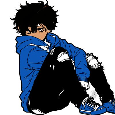 a male hoddie ripped jeans messy hair anime