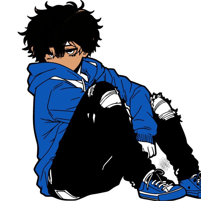 a male hoddie ripped jeans messy hair anime