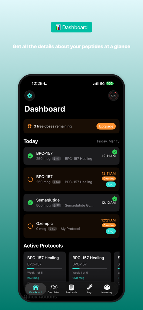 PepDose app dashboard displaying daily peptide injection schedules for BPC-157 and Semaglutide with protocol progress tracking