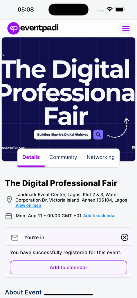 EventPadi - Pantalla de la aplicación móvil EventPadi que muestra el registro exitoso para la Feria del Profesional Digital con detalles de ubicación y fecha del evento.