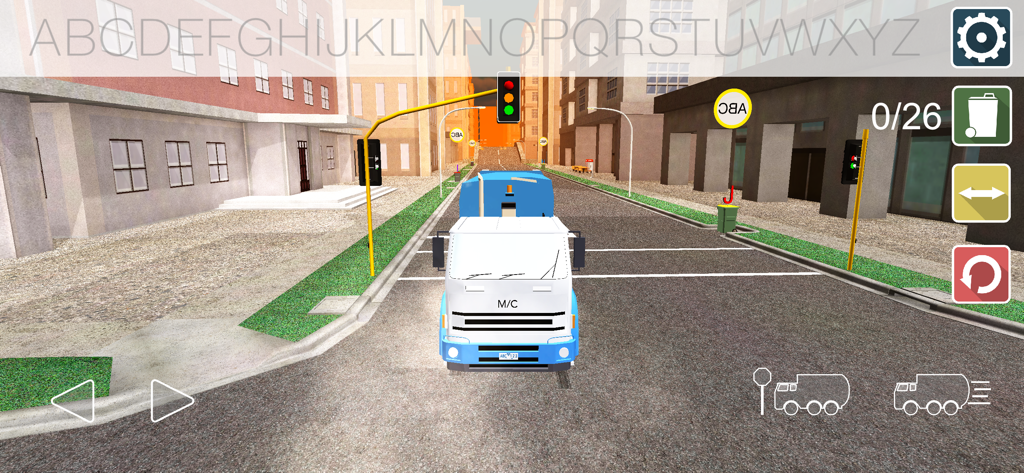 Gameplay of ABC Discovery showing a white garbage truck in a city with alphabet letters to collect