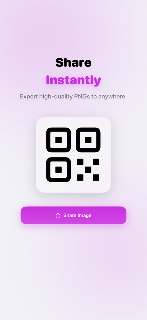 Barcode Generator And QR - Oberfläche der mobilen App, die zeigt, wie generierte QR-Codes als hochwertige Bilder geteilt und exportiert werden können.