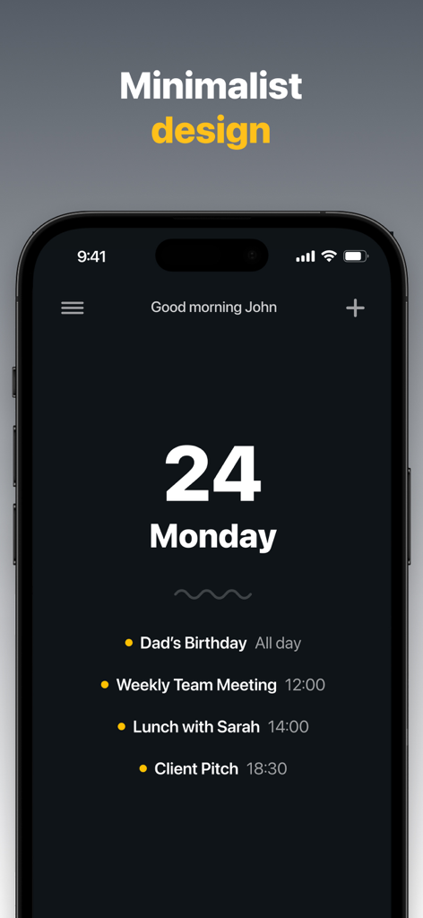 Solid Calendar - Aplicación Solid Calendar mostrando un horario diario minimalista en modo oscuro en un iPhone con una lista limpia de eventos.