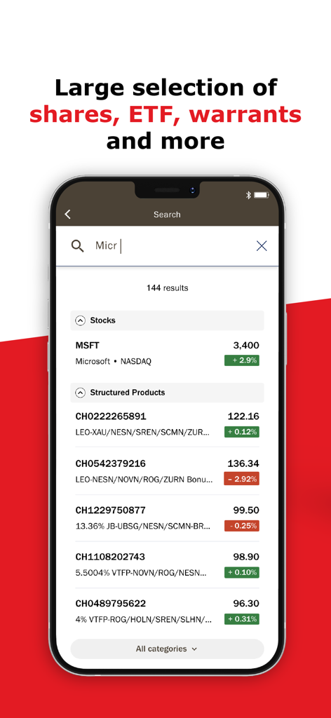 cash-bank zweiplus E-BANKING - Interface of the cash-bank zweiplus E-BANKING app showing stock and structured product search results