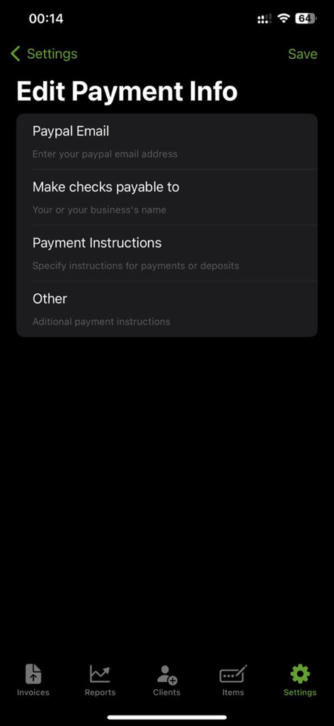 Invoice Pro Maker: PDF Billing - Invoice Pro Maker edit payment information screen showing PayPal and check options