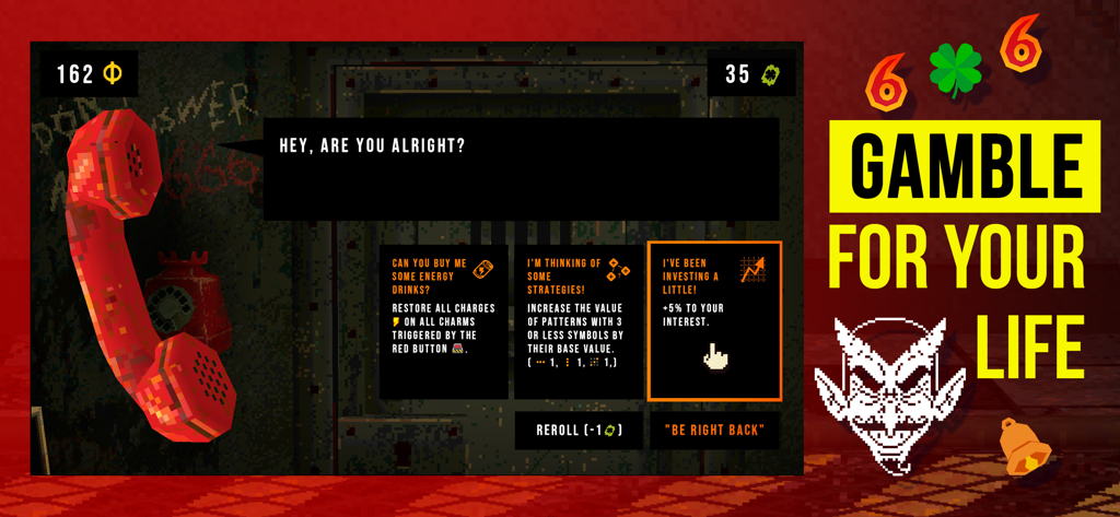 CloverPit - Gameplay de CloverPit montrant un téléphone rouge effrayant et des choix de mise à niveau stratégiques dans un décor d'horreur pixelisé sombre.