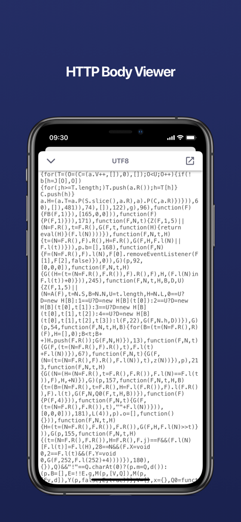 Quantumult X - Quantumult X mobile app interface displaying the HTTP Body Viewer with raw network traffic code