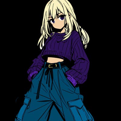 anime teen girl with baggy pants and crop top with sweater