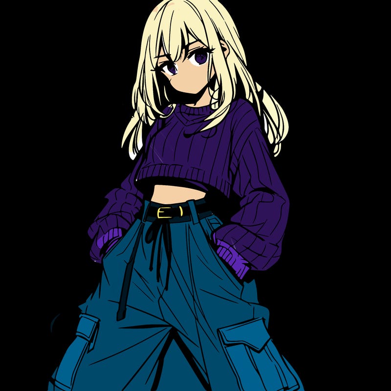 anime teen girl with baggy pants and crop top with sweater
