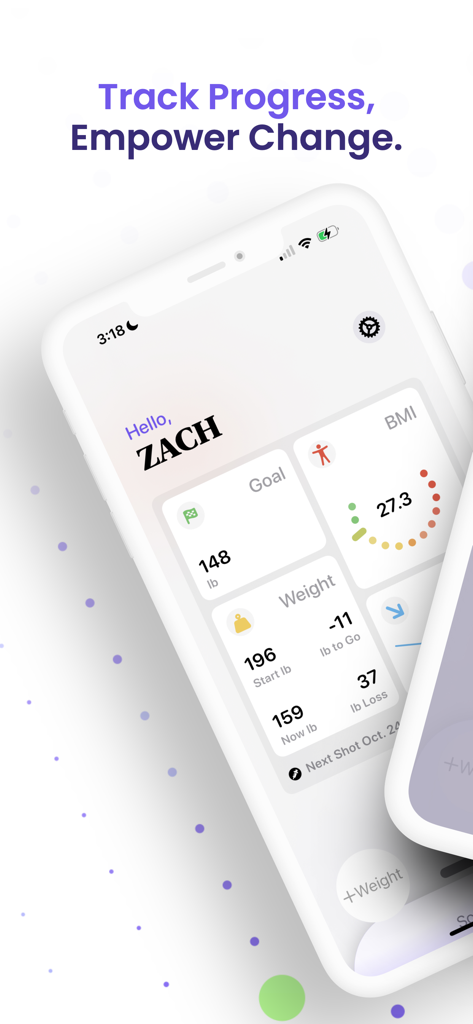 Ozempic Tracker dashboard displaying weight loss and BMI statistics