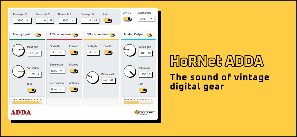 HoRNetADDA - User interface of the HoRNetADDA plugin showing bit depth and sample rate controls for vintage digital sound emulation