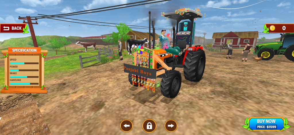 US Tractor Farming Game 2024 - Customized orange tractor with specifications on a farm in US Tractor Farming Game 2024