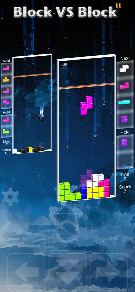 Block vs Block II - Block vs Block II mobile game screenshot showing two player competitive puzzle mode with colorful blocks and scoring interface