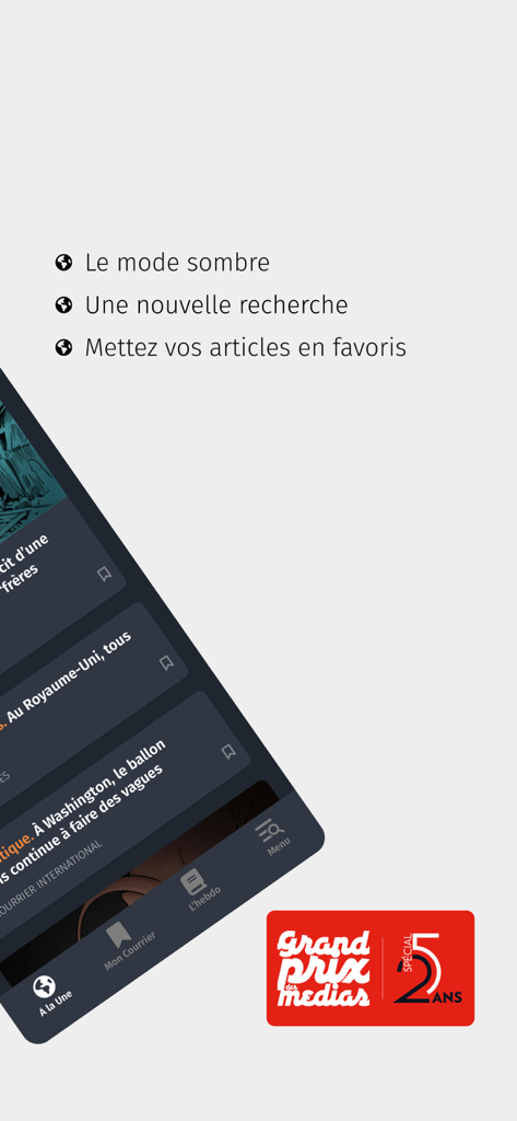Courrier international - Screenshot of the Courrier International app highlighting dark mode, search tools, and article bookmarks
