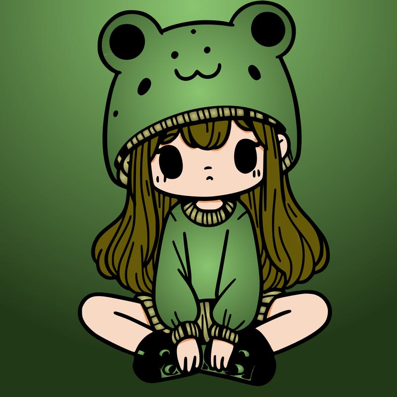 a girl wearing a frog hat and some frog socks