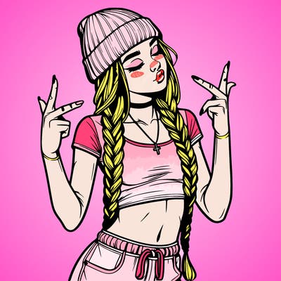 realistic teenage girl with braids and a beanie and crop top doing 🫶🏼