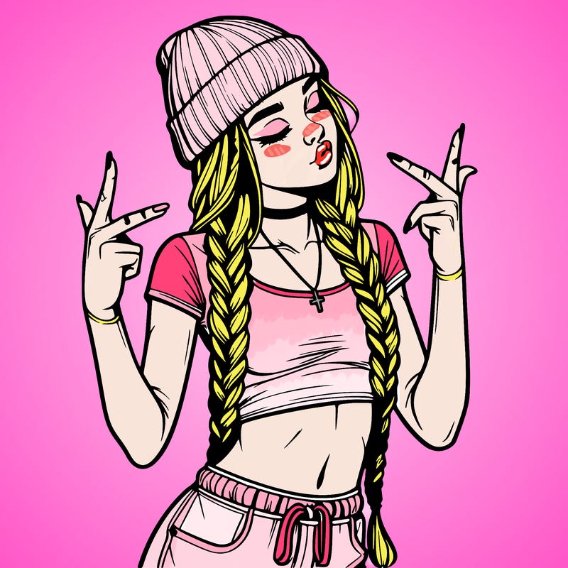 realistic teenage girl with braids and a beanie and crop top doing 🫶🏼