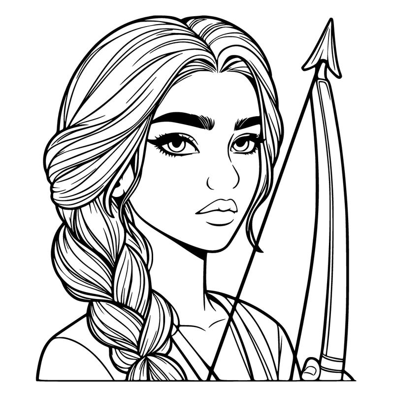 tall beautiful serious realistic girl with eyes a nose a mouth hair in braid holding a bow and arrow