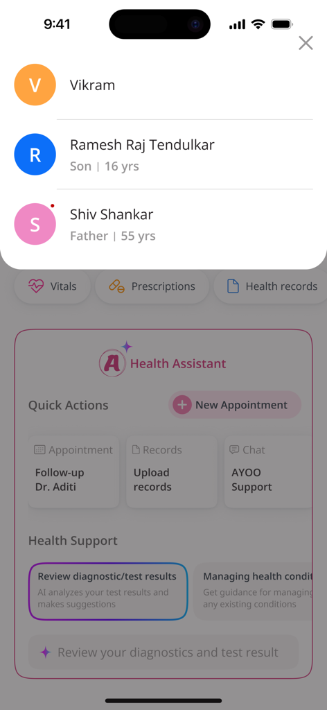 AYOO Care app dashboard showing family profile selection and AI health assistant features