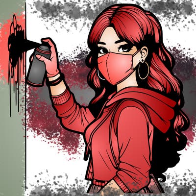 realistic girl with mask spray painting a wall