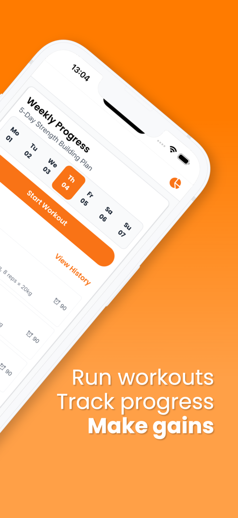 AI Workout Tracker app interface showing a 5 day strength building plan with a start workout button on an orange background