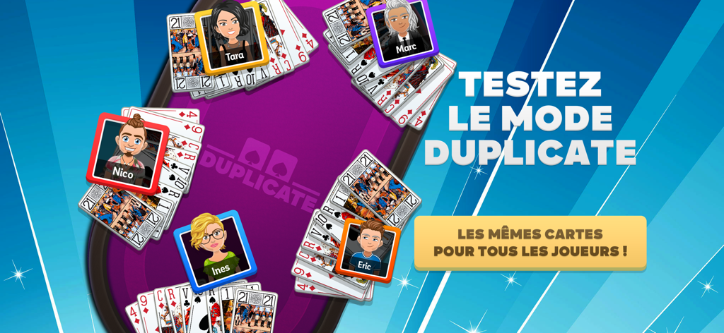 Cinq joueurs s'affrontant en mode duplicate Exoty Tarot où tout le monde reçoit les mêmes cartes