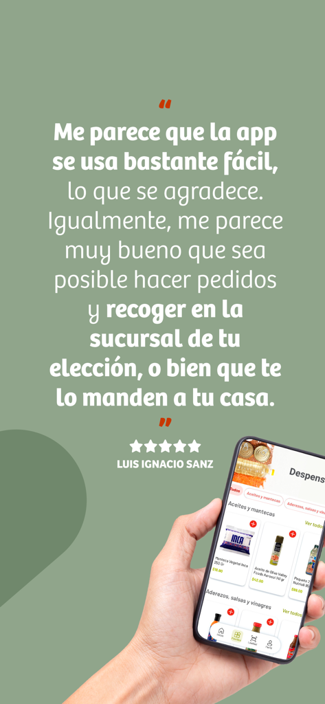 Reseña de usuario de la app Soriana elogiando su facilidad de uso y opciones de entrega de comestibles