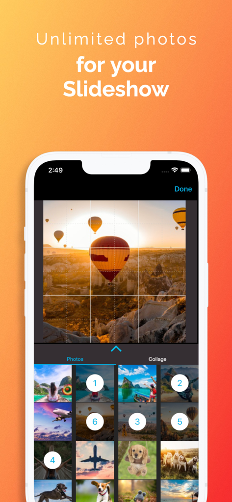 Slideshow with Music Maker App - Une interface mobile montrant la sélection de plusieurs photos d'une galerie pour créer un diaporama vidéo
