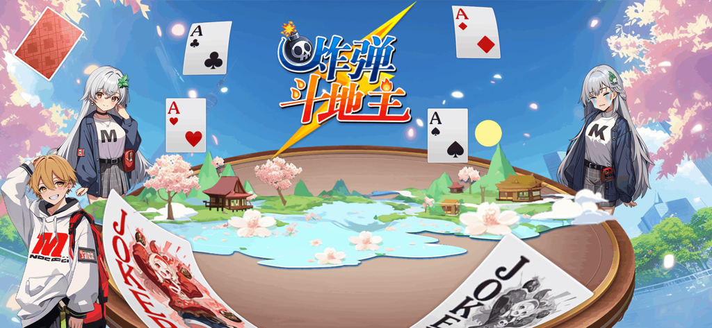 Happy Fight the Landlord anime style card game interface with cherry blossom background