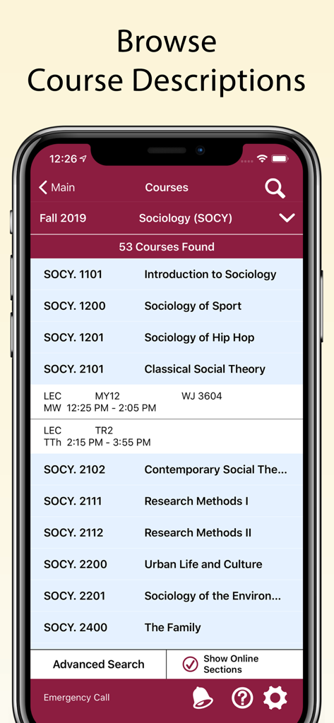 BC Navigator - BC Navigator app interface showing a list of Sociology courses at Brooklyn College