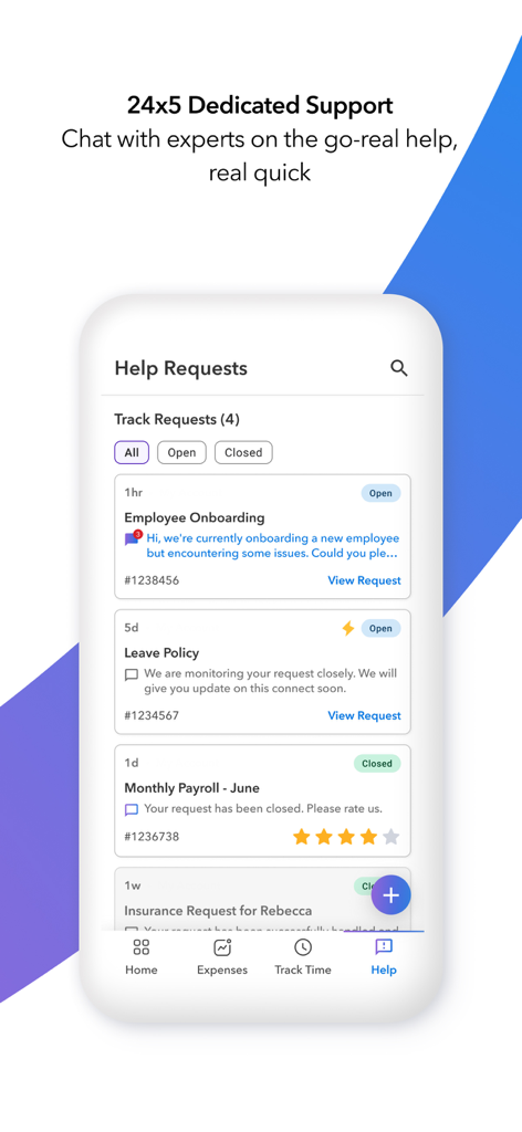 Payoneer Workforce Management - Ecrã de Pedidos de Ajuda na aplicação Gestão de Força de Trabalho Payoneer mostrando uma lista de bilhetes de suporte e atualizações de status