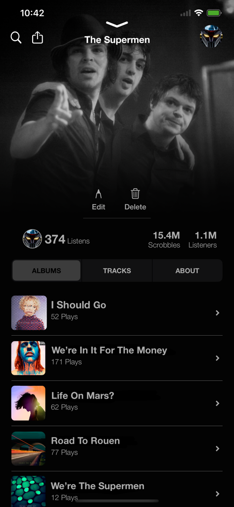 Pantalla de perfil de artista en Trax Scrobbler que muestra el recuento total de scrobbles y una lista de álbumes con estadísticas de reproducción individuales en modo oscuro.