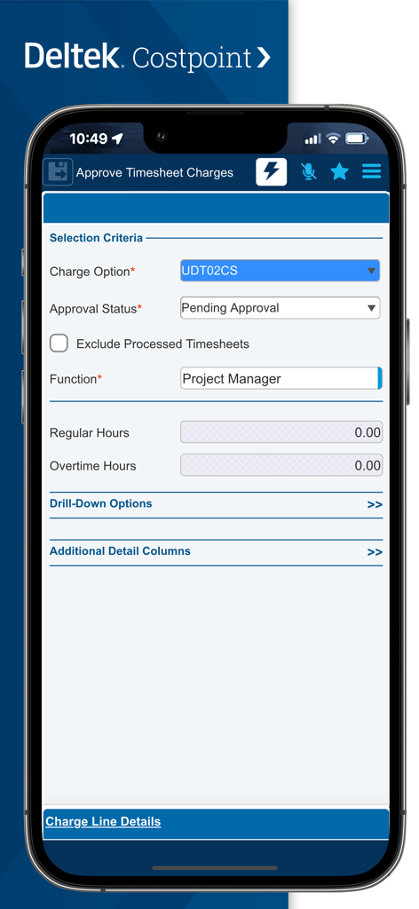 Deltek Costpoint - Deltek Costpoint mobile app screen for timesheet charge approval