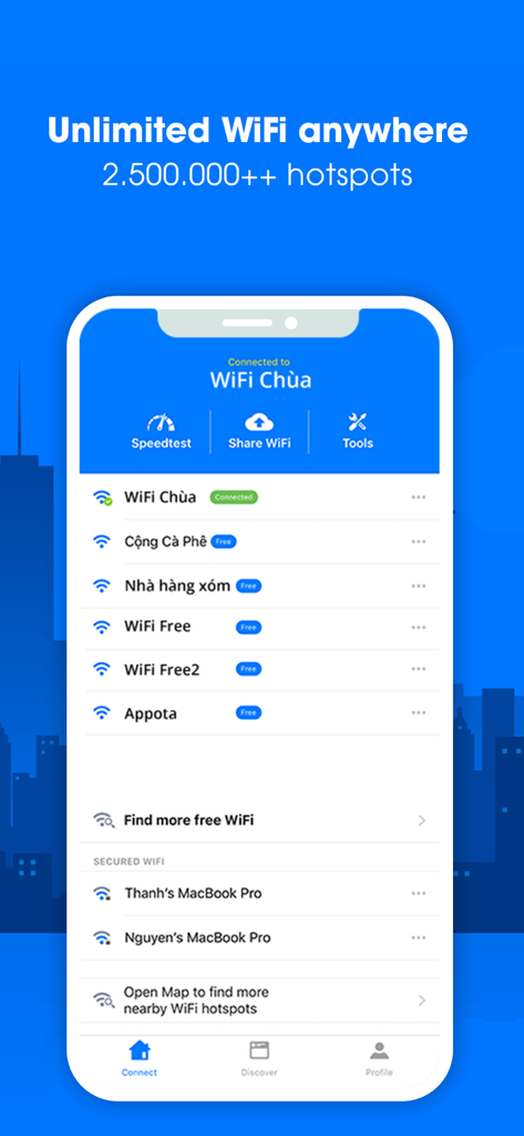 WiFi Chùa VIP - WiFi Chua VIP app interface showing a list of free available WiFi hotspots and network tools